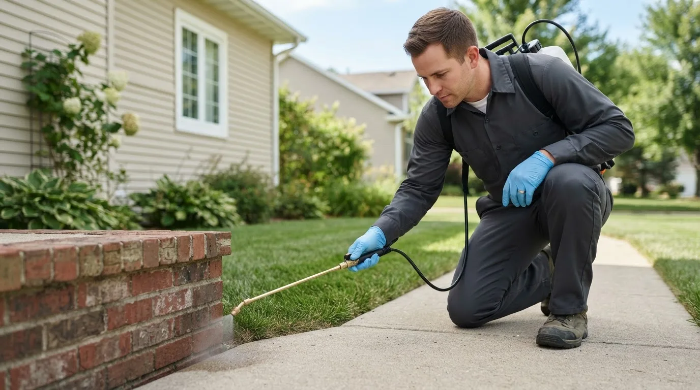 Pest control technician treating a home near Kimbolton, OH