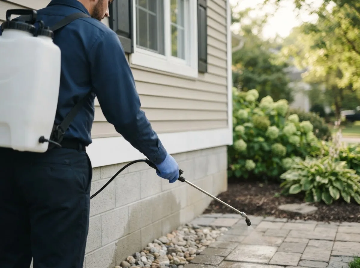 Pest control technician inspecting a home in Kimbolton, OH
